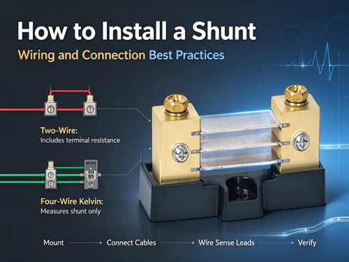 DC current shunt resistor on white background, black base, gold terminals, transparent resistive element for installation guide