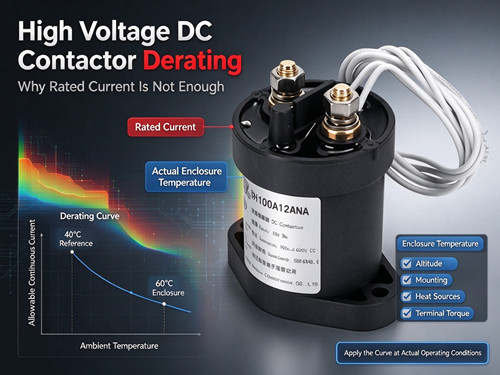 DC contactor thermal derating curve, enclosure temperature, altitude, mounting and heat source considerations for continuous current
