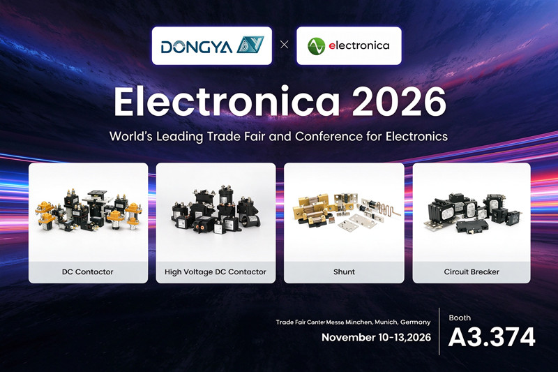 Industrial electrical components showcase at Electronica 2026 Munich Germany, including DC contactors, high voltage DC contactors, precision shunts and circuit breakers