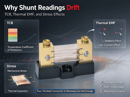 DC shunt error mechanisms, temperature coefficient of resistance, Seebeck effect, thermal expansion stress and four-terminal connection best practices